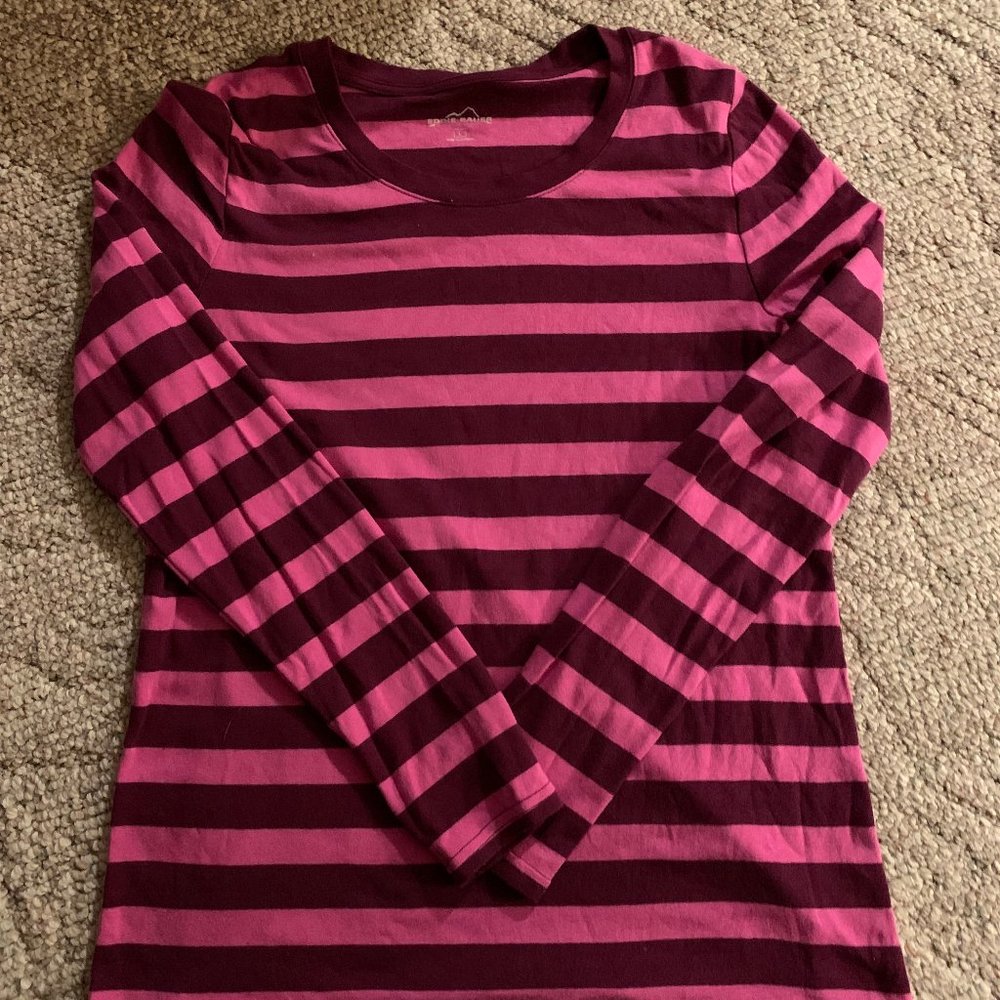 Eddie Bauer Pink/Burgundy Stripe Long Sleeve Top - Size Large